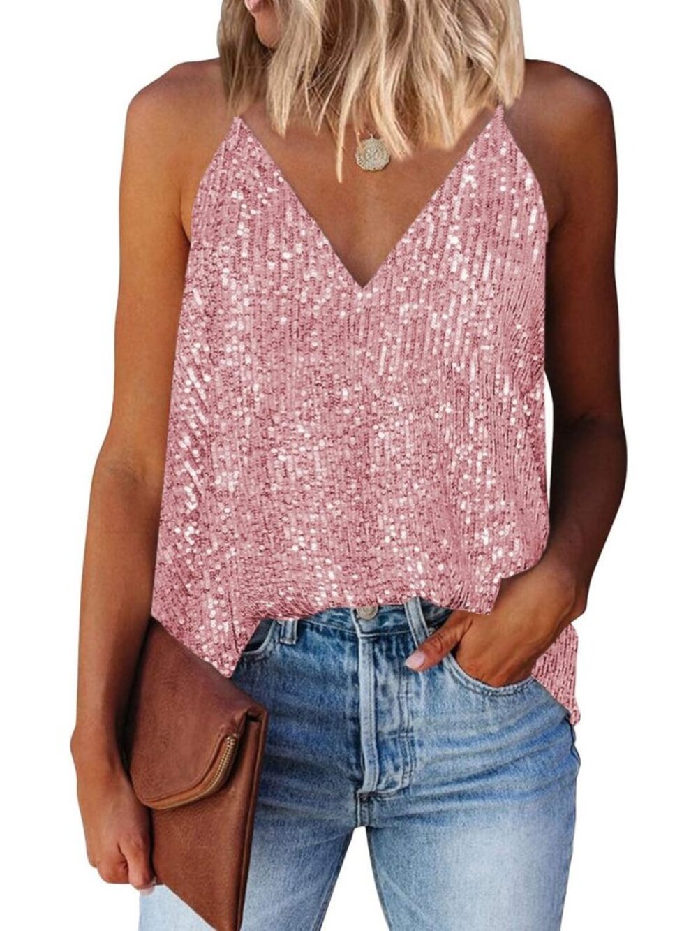 Sparkly Sequin V-Neck Tank Top for Women - Summer Fashion, Casual Chic Style